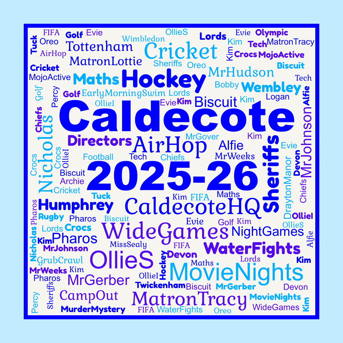 Word cloud in a Square shape with 59 words like OllieS, OllieI and Bobby in blue and gold.