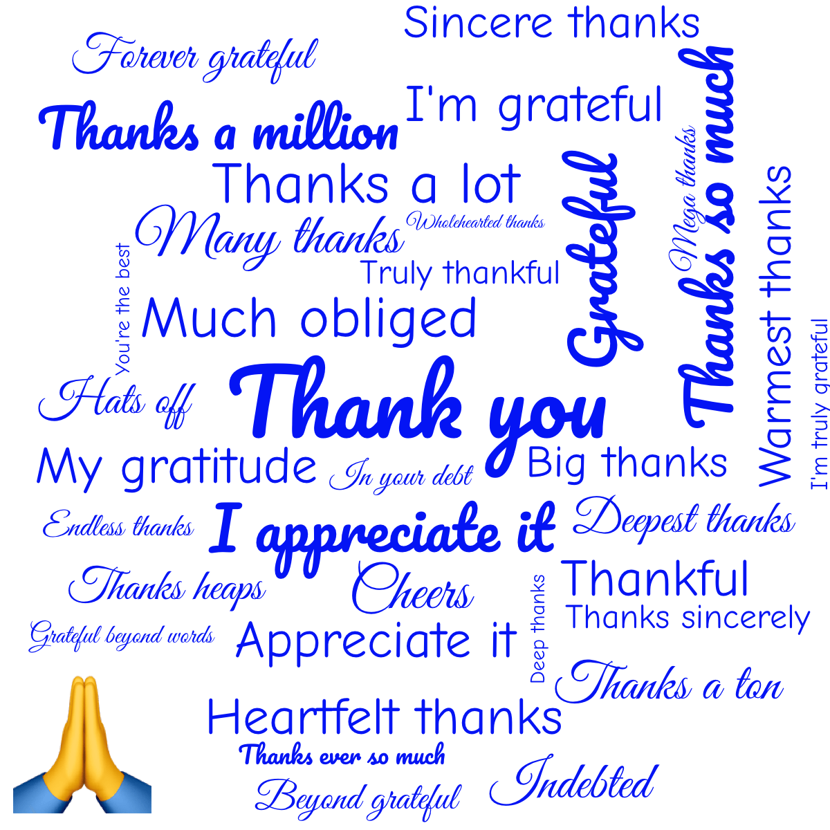 Word cloud with 35 words like Thank you, I appreciate it and Much obliged in blue and white.