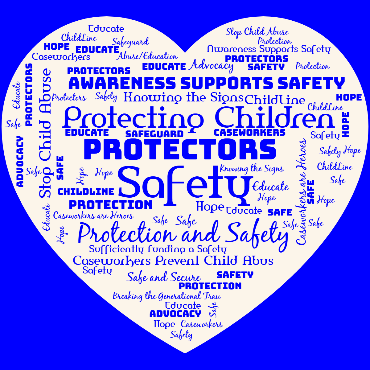 Word cloud in a Cards Hearts shape with 26 words like Safety, Protectors and Protecting Children in blue and orange.