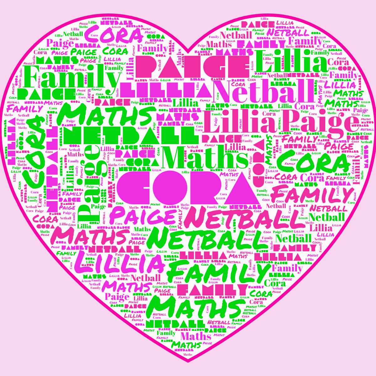 Word cloud in a Heart shape with 6 words like Cora, Maths and Netball in purple, pink and green.