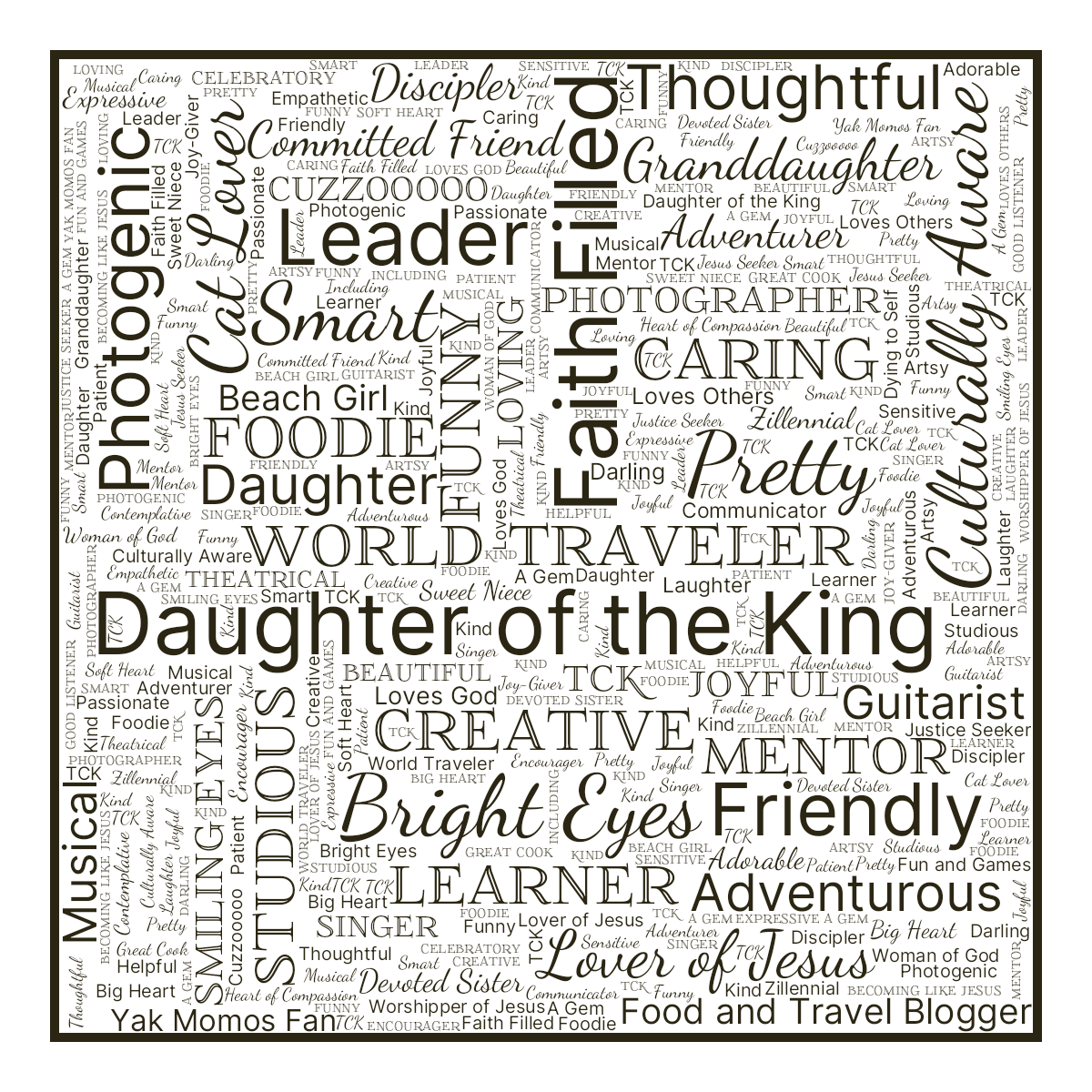 Word cloud in a Square shape with 75 words like Daughter of the King, World Traveler and Faith Filled in yellow and white.