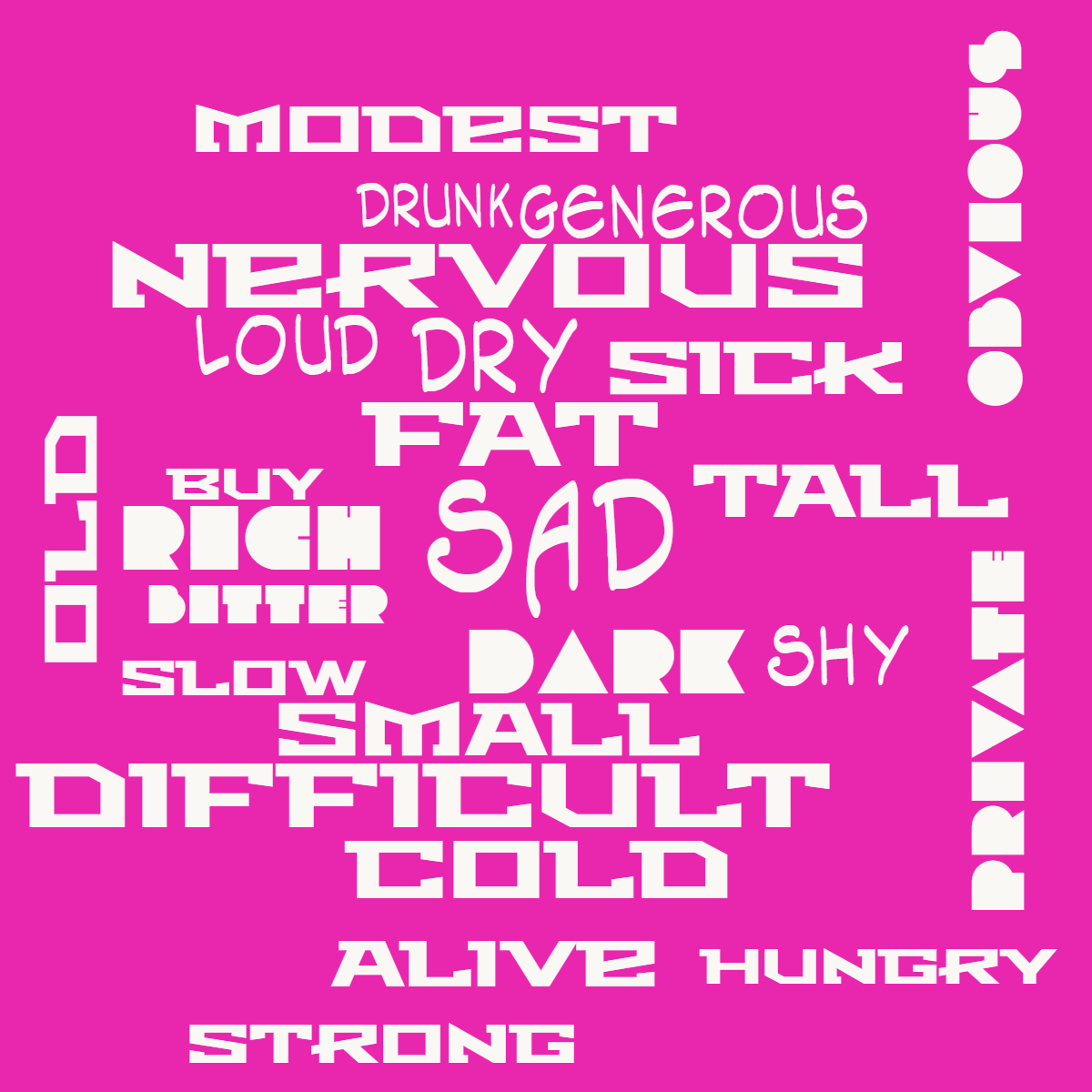 Word cloud with 25 words like sad, fat and dark in yellow and purple.