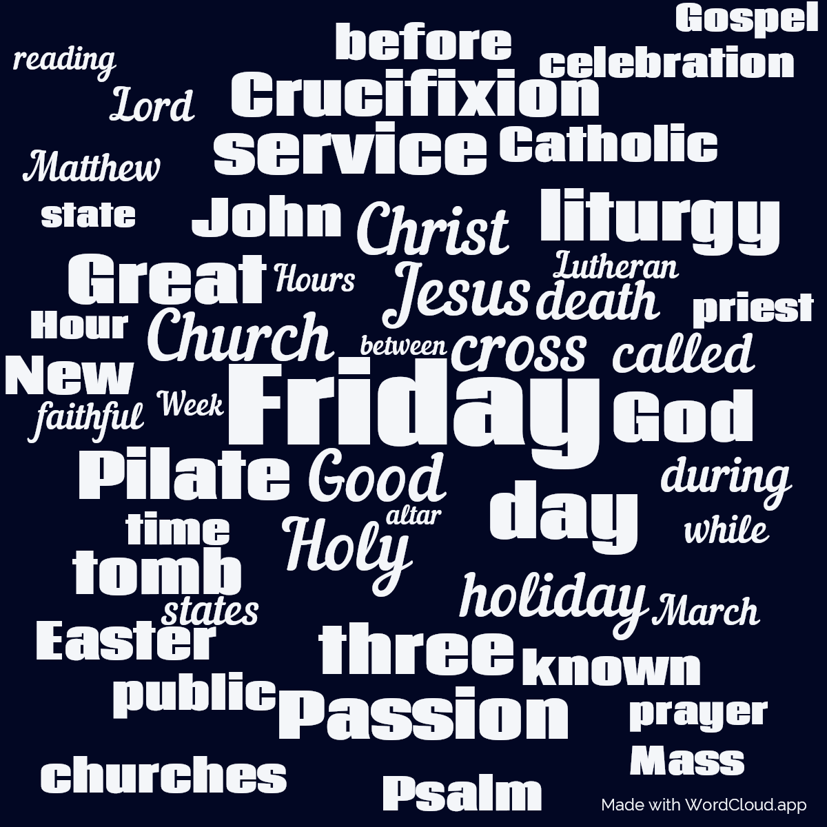 Word cloud with 50 words like Friday, Good and Jesus in blue.