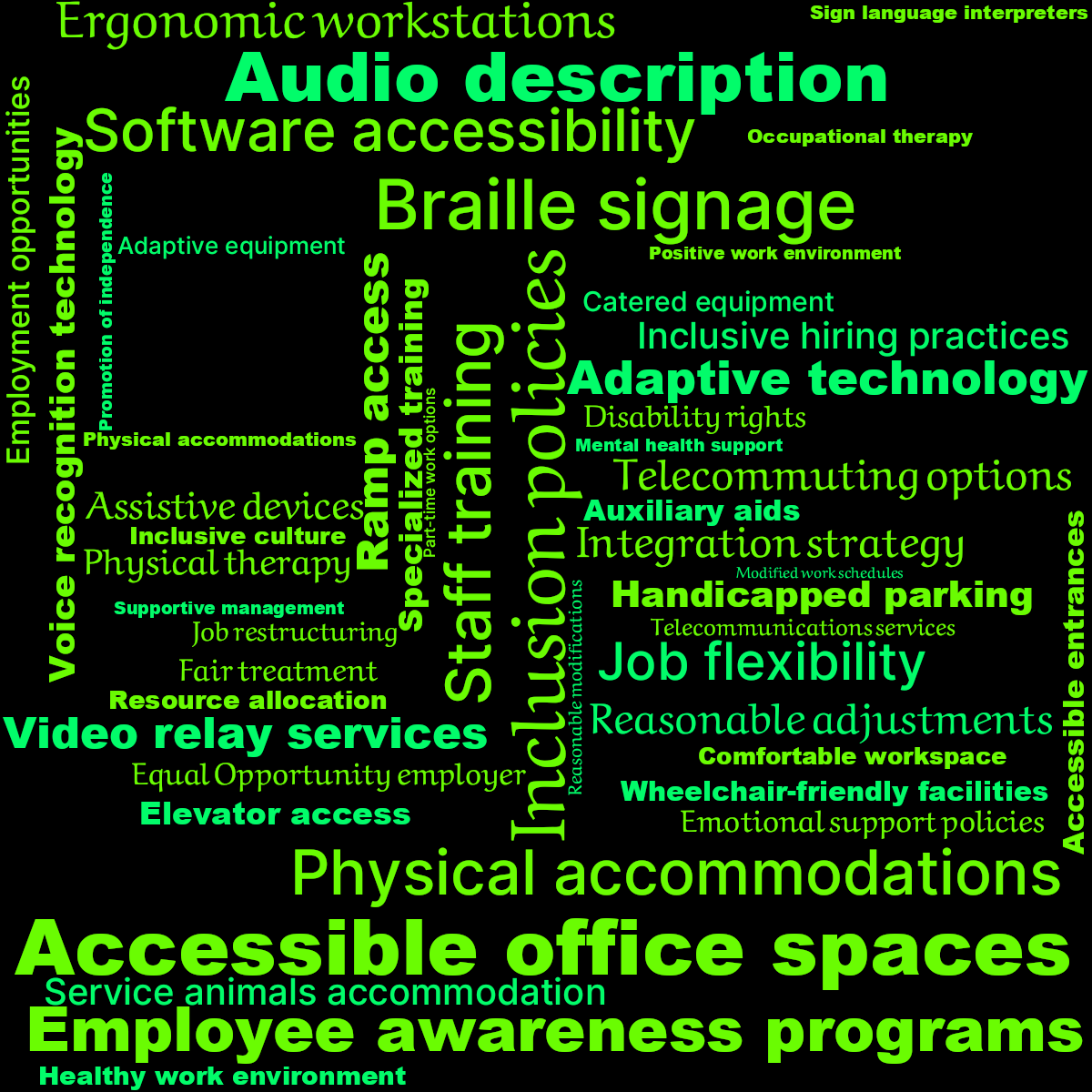 Word cloud with 50 words like Accessible office spaces , Inclusion policies and Braille signage in green and black.