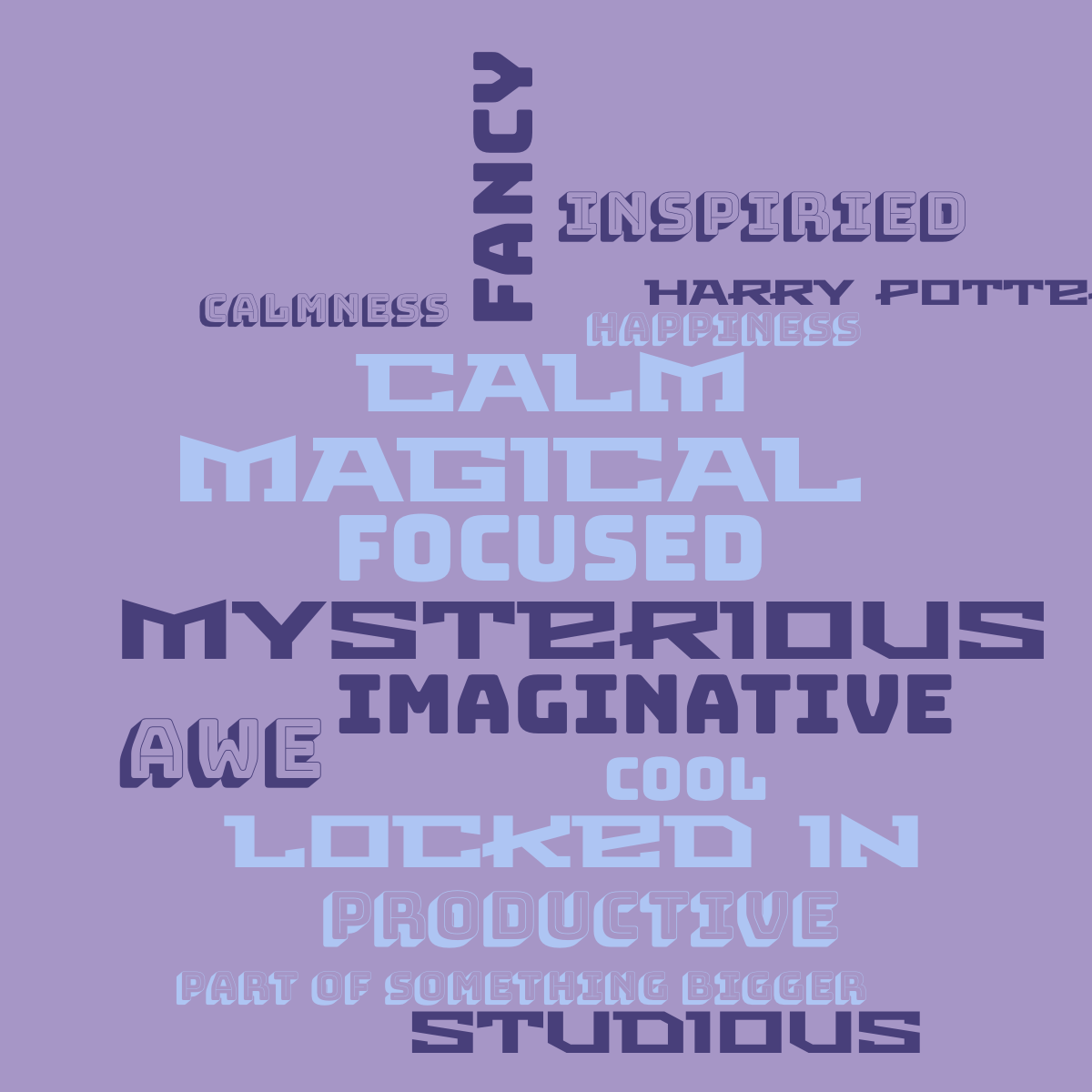 Word cloud with 16 words like calm, focused and fancy in blue and purple.