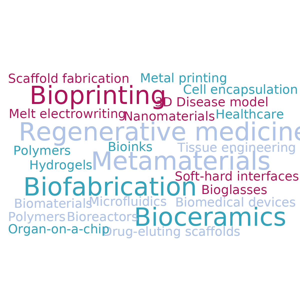 Word cloud in a Minus shape with 20 words like 3D Disease Model, Biofabrication and Bioceramics in pink and blue.