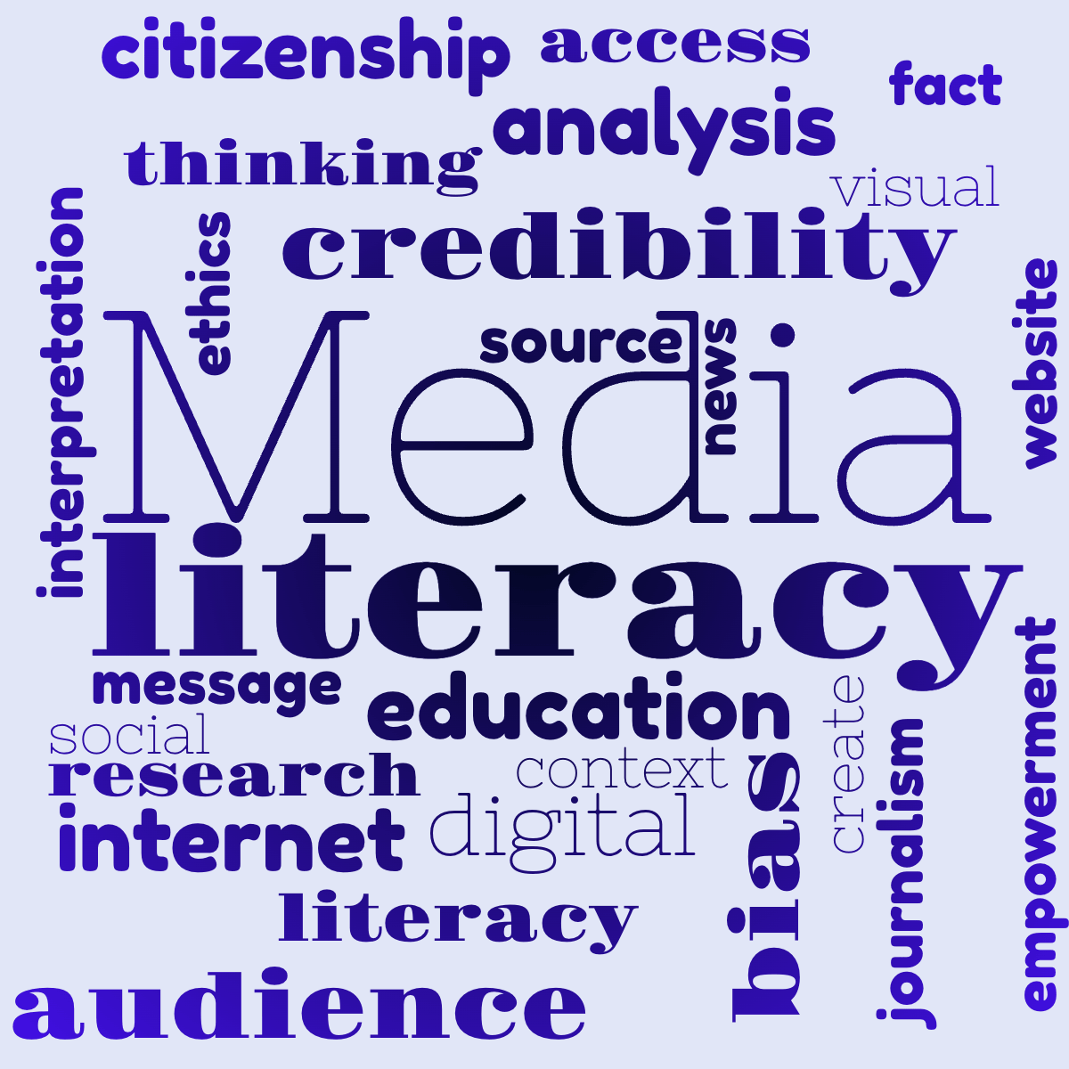 Word cloud with 45 words like communication, citizenship and credibility in black and blue.