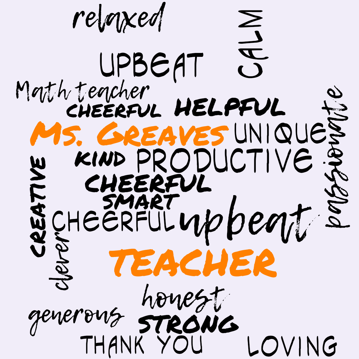 Word cloud with 17 words like upbeat, productive and helpful in black and purple.