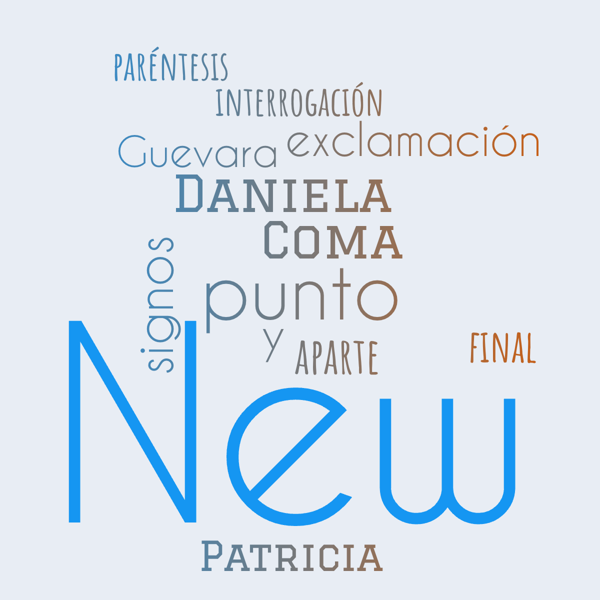 Word cloud with 12 words like punto, Coma and signos in blue and orange.