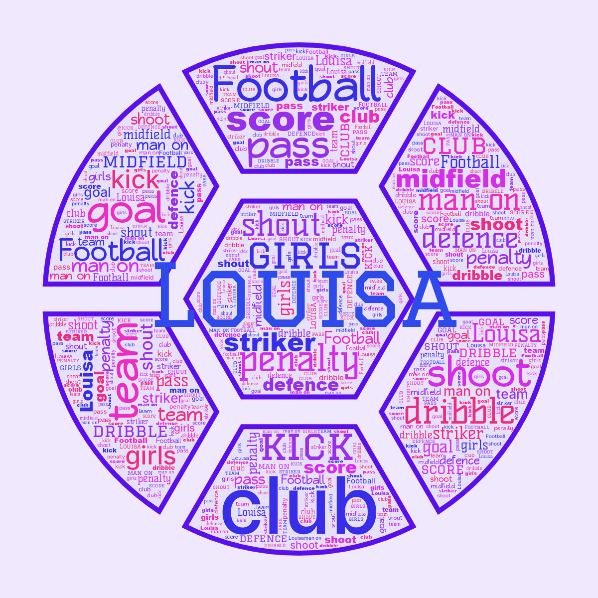 Word cloud in a Football shape with 17 words like club, Football and girls in blue, purple and pink.