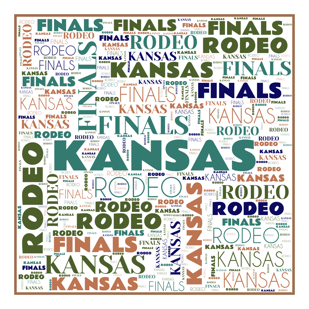 Word cloud in a Square shape with 3 repeated words like KANSAS, RODEO and FINALS in multicolor.