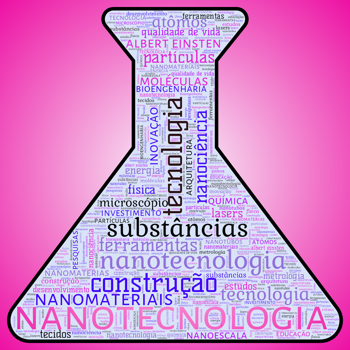 Word cloud in a Lab Bottle shape with 30 words like nanotecnologia, substâncias and construção in multicolor.