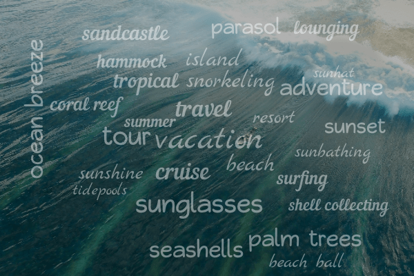 Word cloud with 28 words like vacation, travel and tour in white.