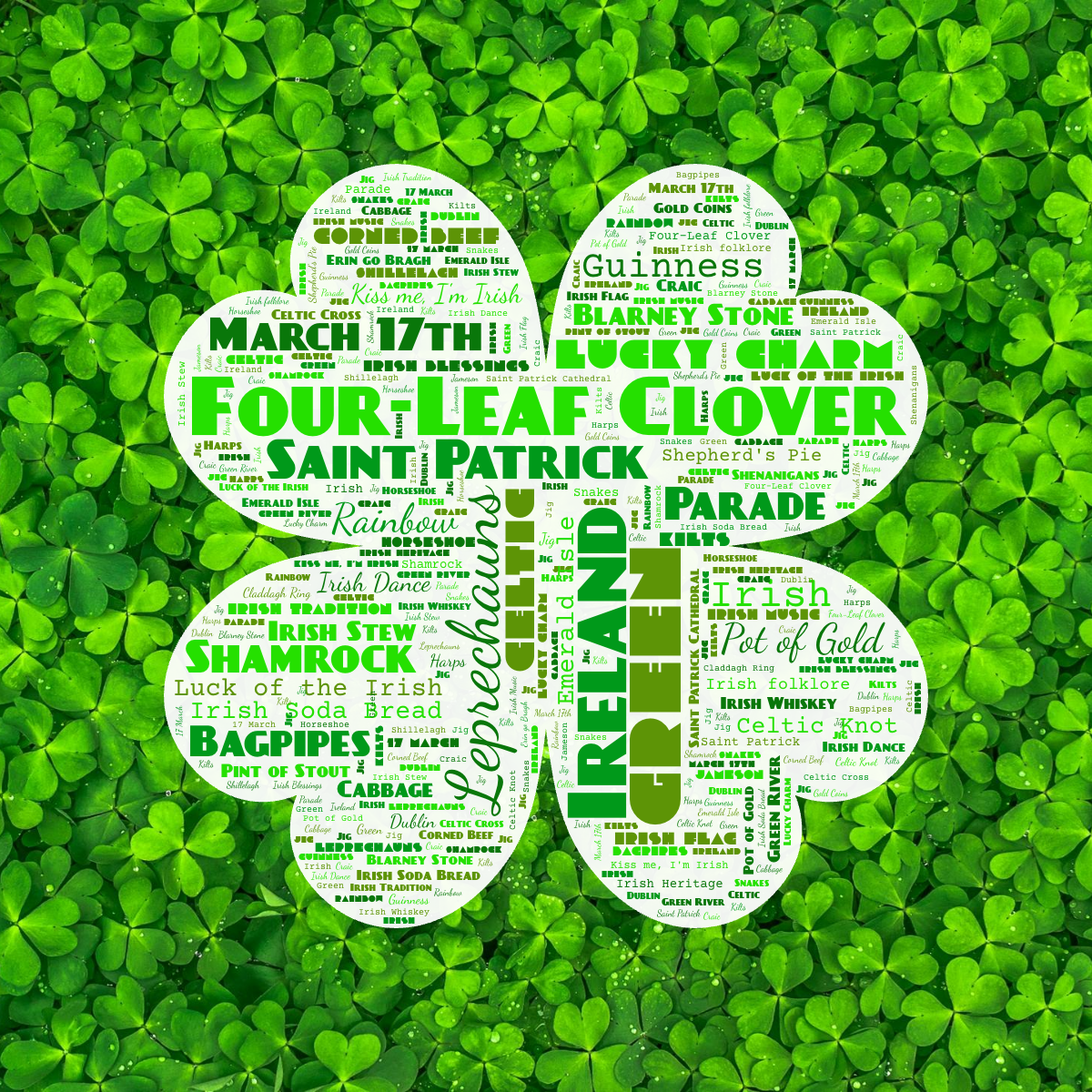 Word cloud in a Clover Leaf shape with 51 words like Four-Leaf Clover, Ireland and Leprechauns in green and white.