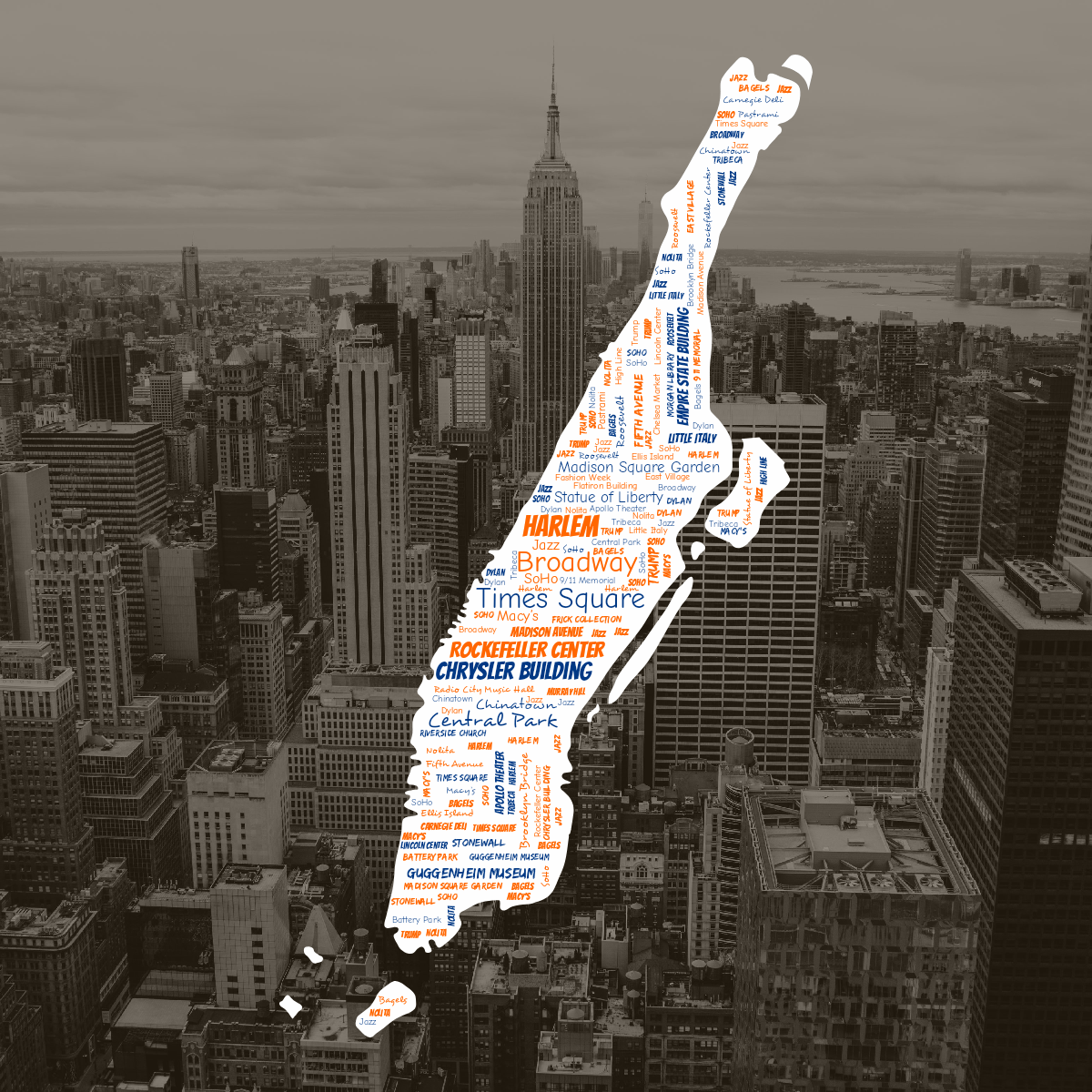 Word cloud in a custom shape with 50 words like Times Square, Broadway and Harlem in blue and orange.