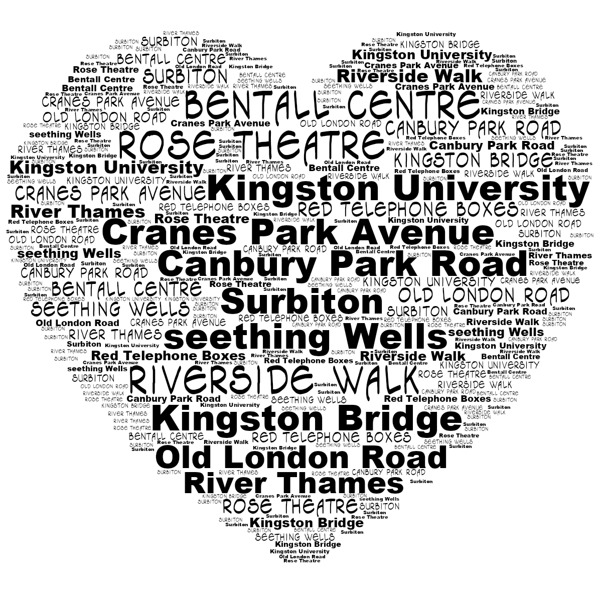 Word cloud in a Heart shape with 12 words like Kingston University, Surbiton and seething Wells in black and white.