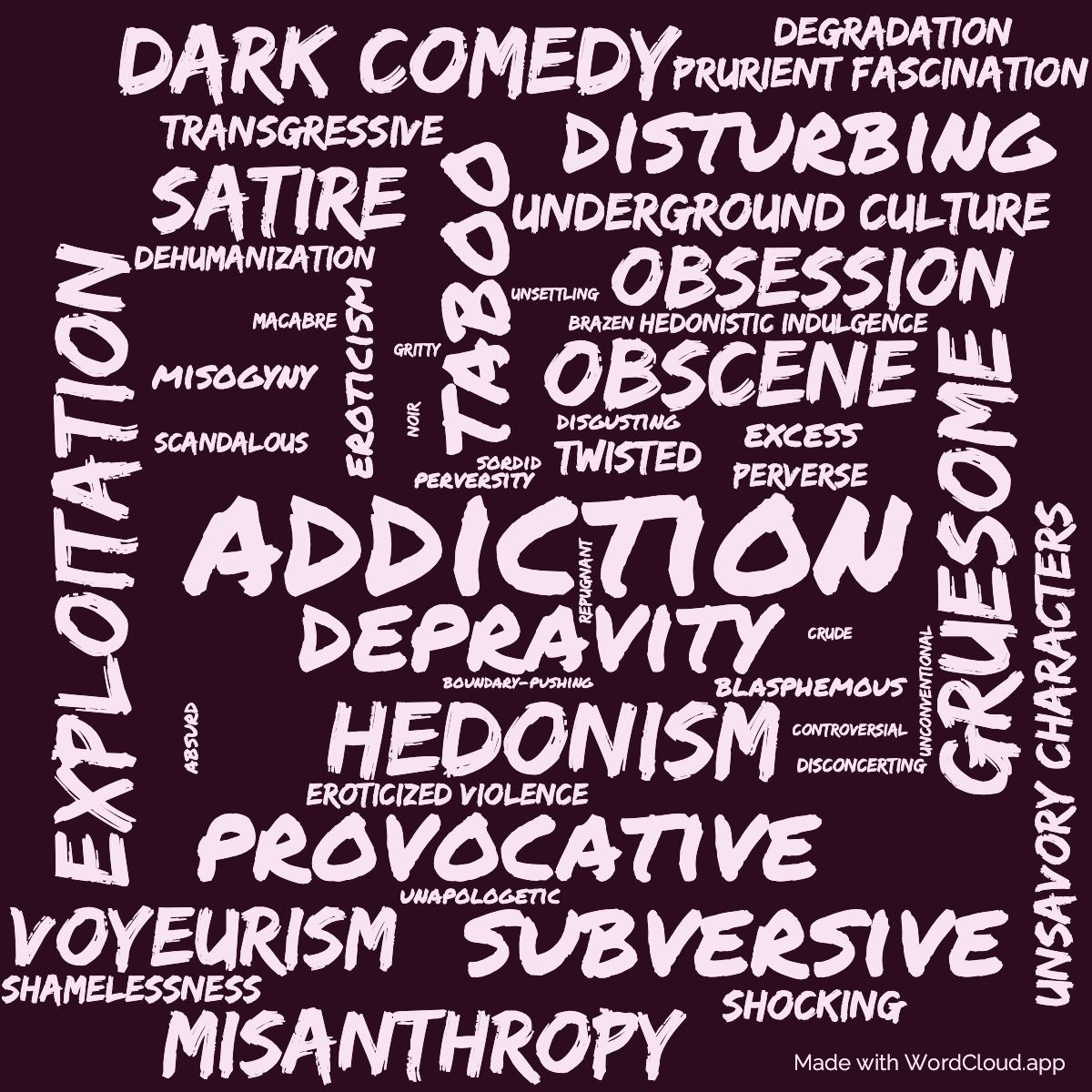 Word cloud of the book Snuff with 48 words like addiction, depravity and taboo.
