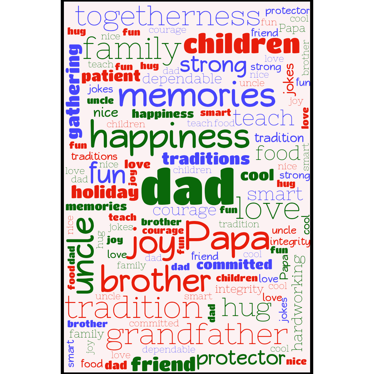 Word cloud in a Vertical Rectangle shape with 33 words like dad, Papa and love in multicolor.