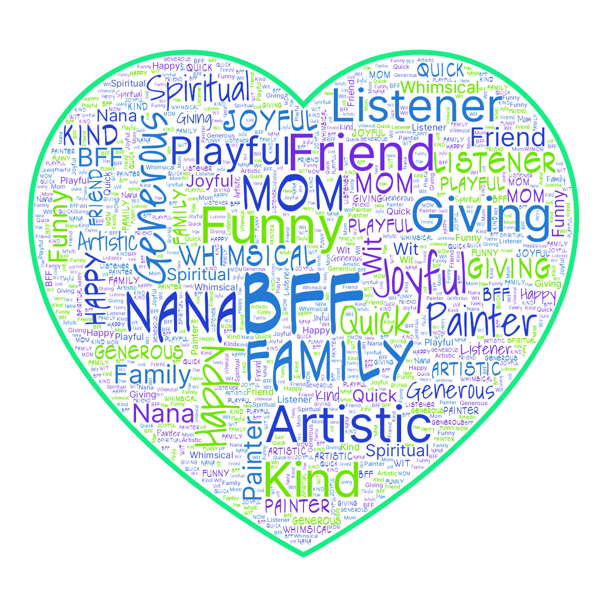Word cloud in a Heart shape with 19 words like BFF, Family and Funny in blue, green and purple.
