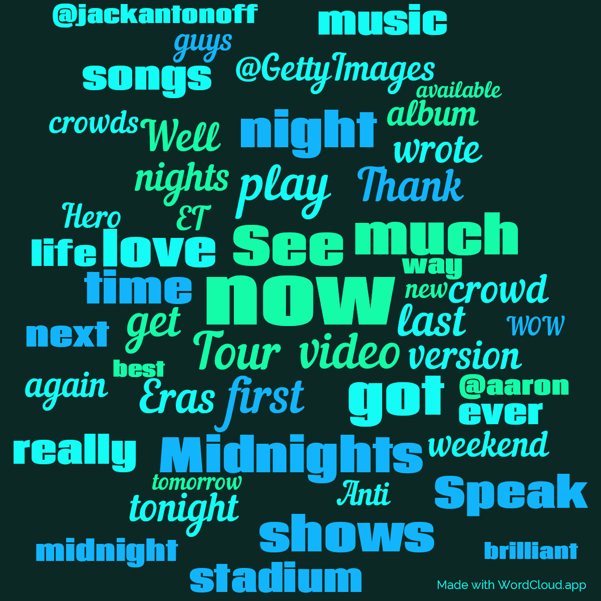 Word cloud with 50 words like now, See and video in green and blue.