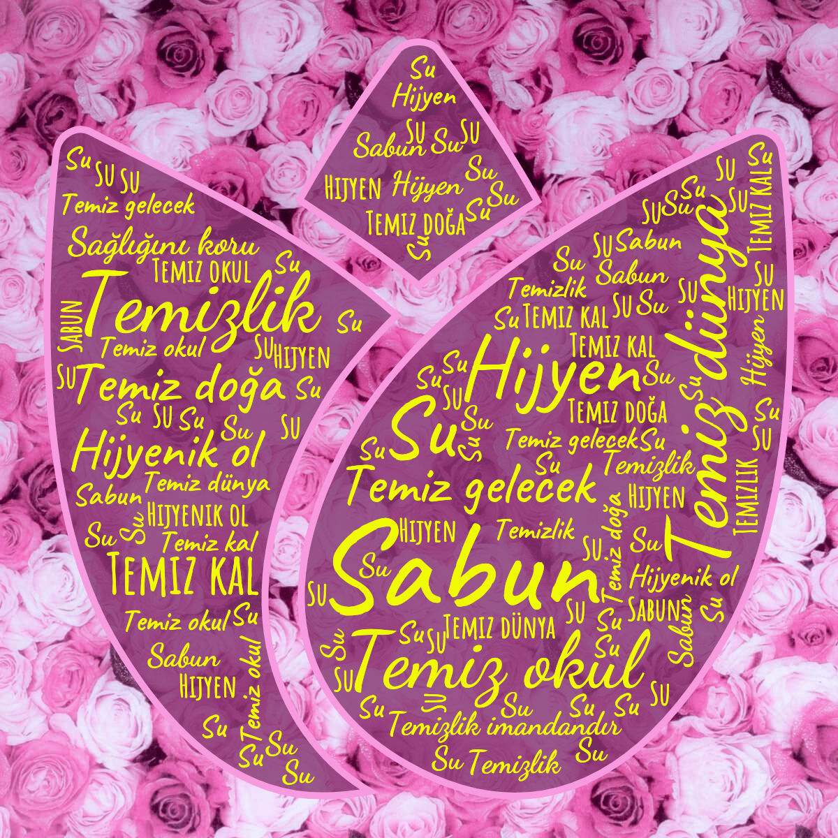 Word cloud in a Tulip shape with 12 words like Sabun, Su and Hijyen in yellow and purple.