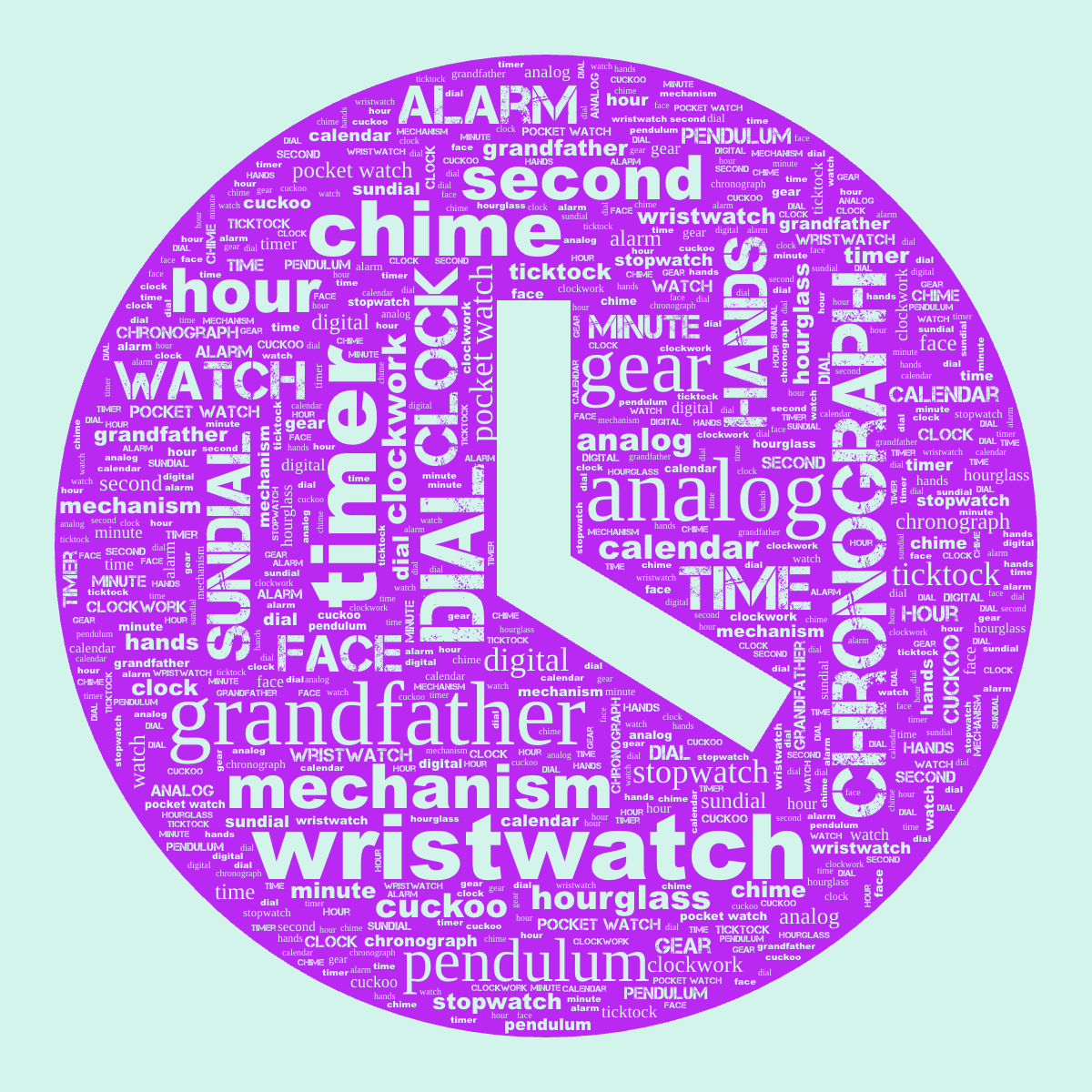 Word cloud in a Clock shape with 28 words like clock, time and hour in green and purple.