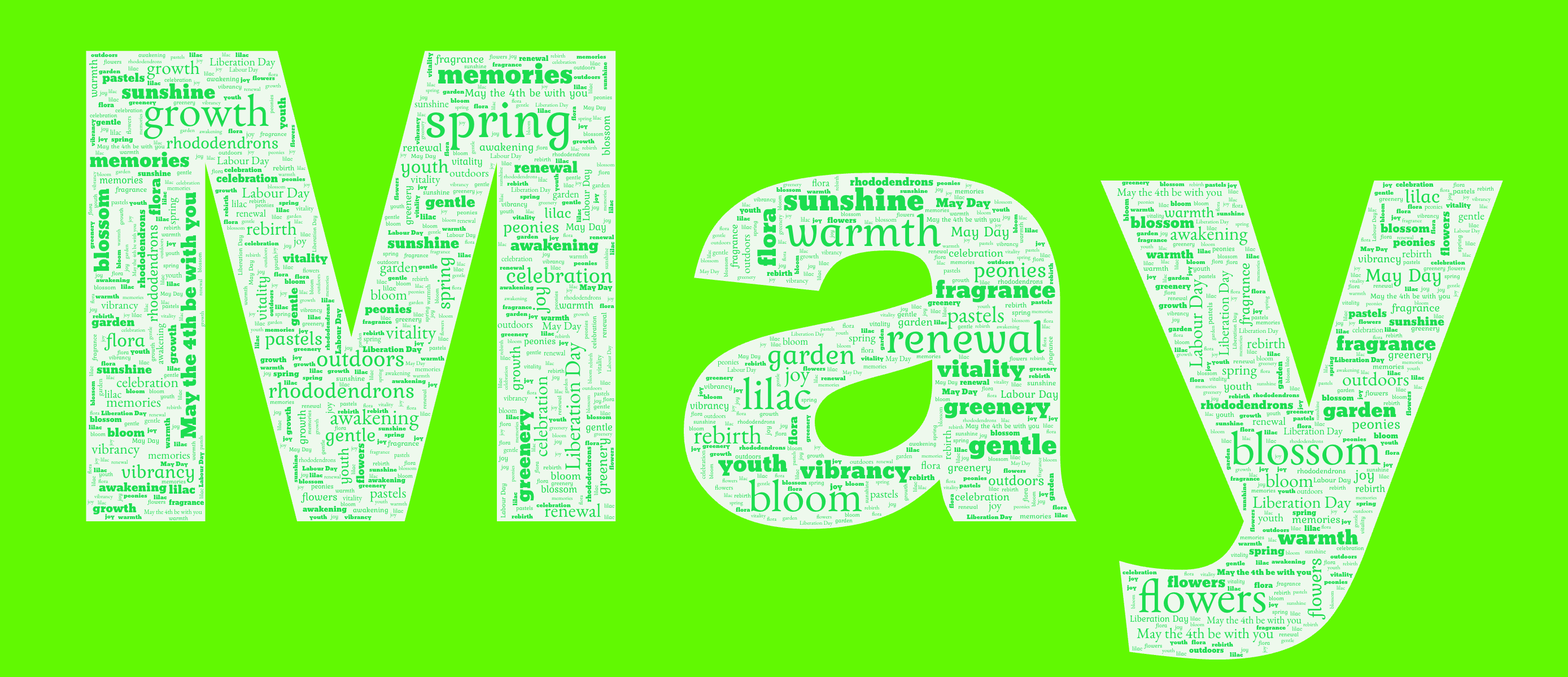 Word cloud in the shape of the word May with 30 words like spring, flowers and blossom in green.