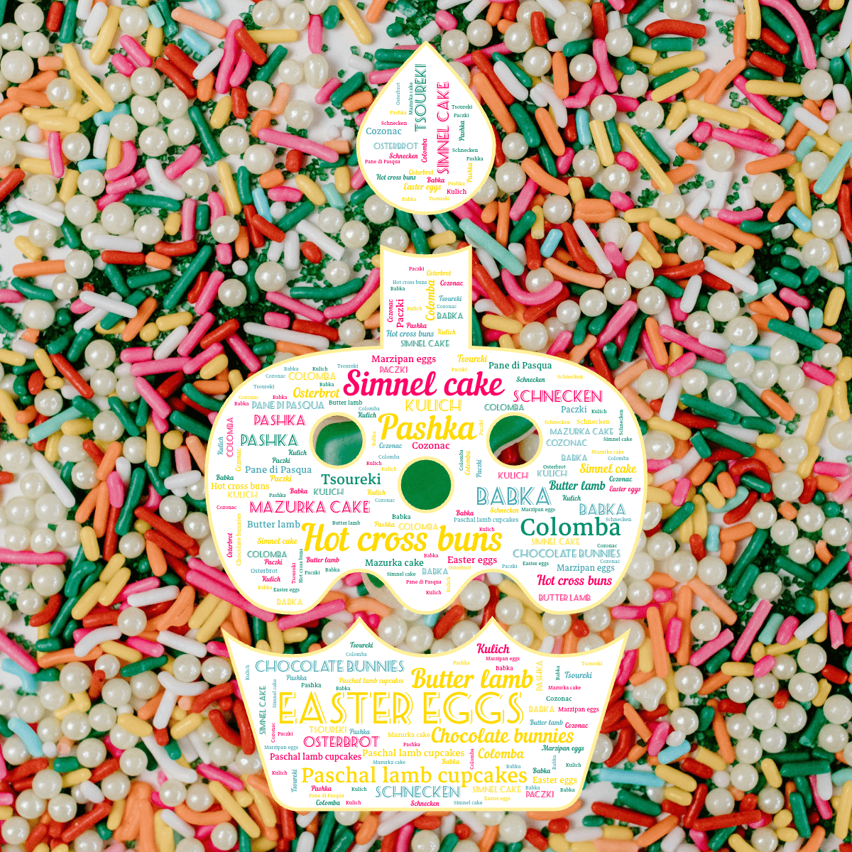 Word cloud in an Easter Cake shape with 18 words like Easter eggs, Hot cross buns and Simnel cake in multicolor.