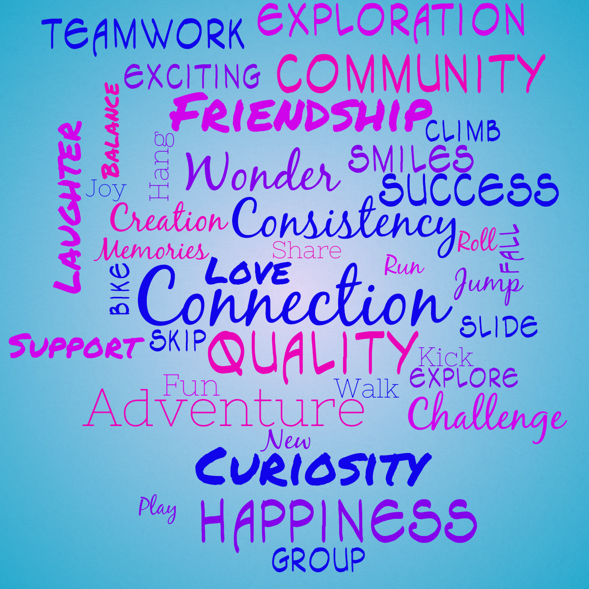 Word cloud with 39 words like Connection, Consistency and Quality in bright blue and purple.