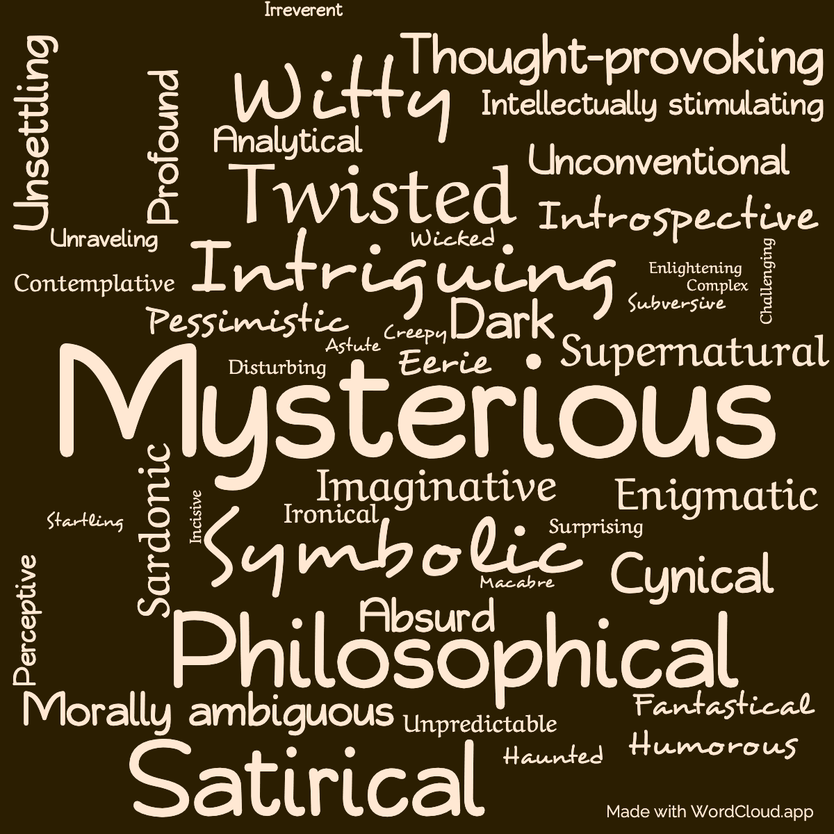 Word cloud of the book The Mysterious Stranger, and Other Stories with 45 words like Mysterious , Intriguing and Symbolic .