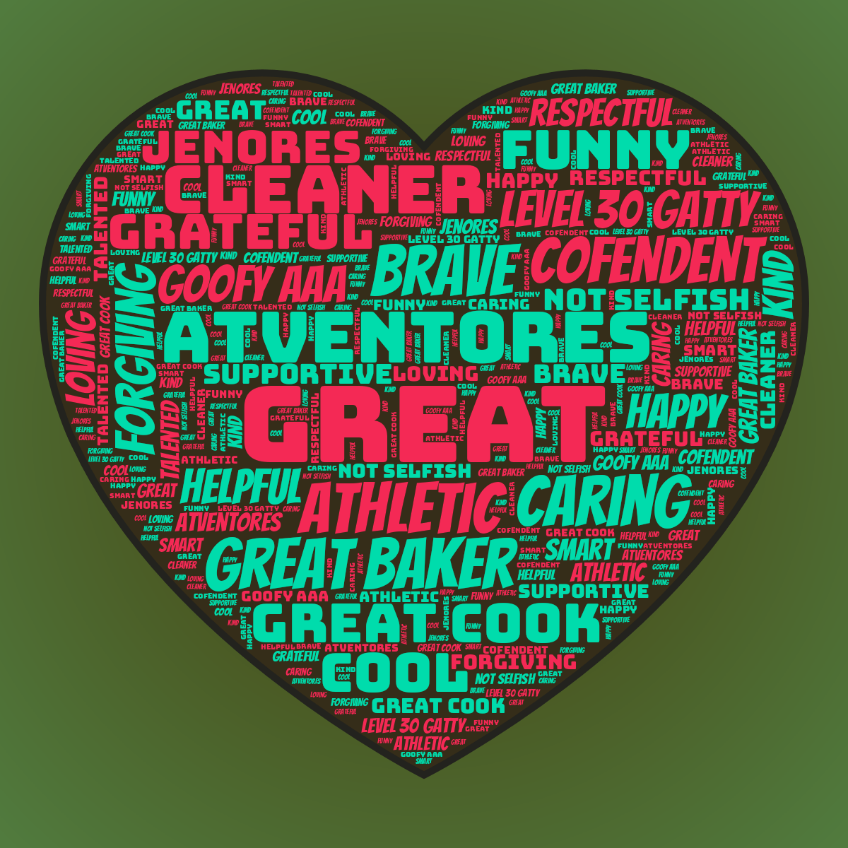 Word cloud in a Heart shape with 25 words like great, athletic and atventores in multicolor.