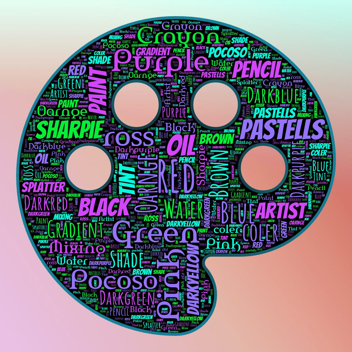 Word cloud in an Art Palette shape with 29 words like REd, Oarnge and Green in multicolor.