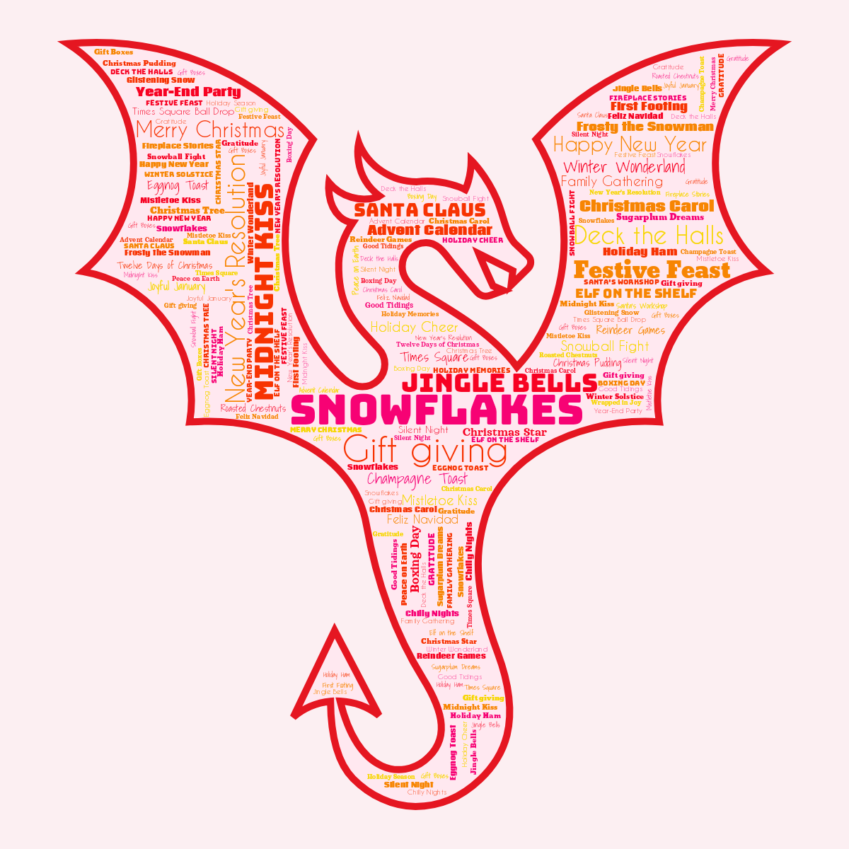 Word cloud in a Dragon shape with 50 words like Snowflakes, Gift giving and Jingle Bells in multicolor.
