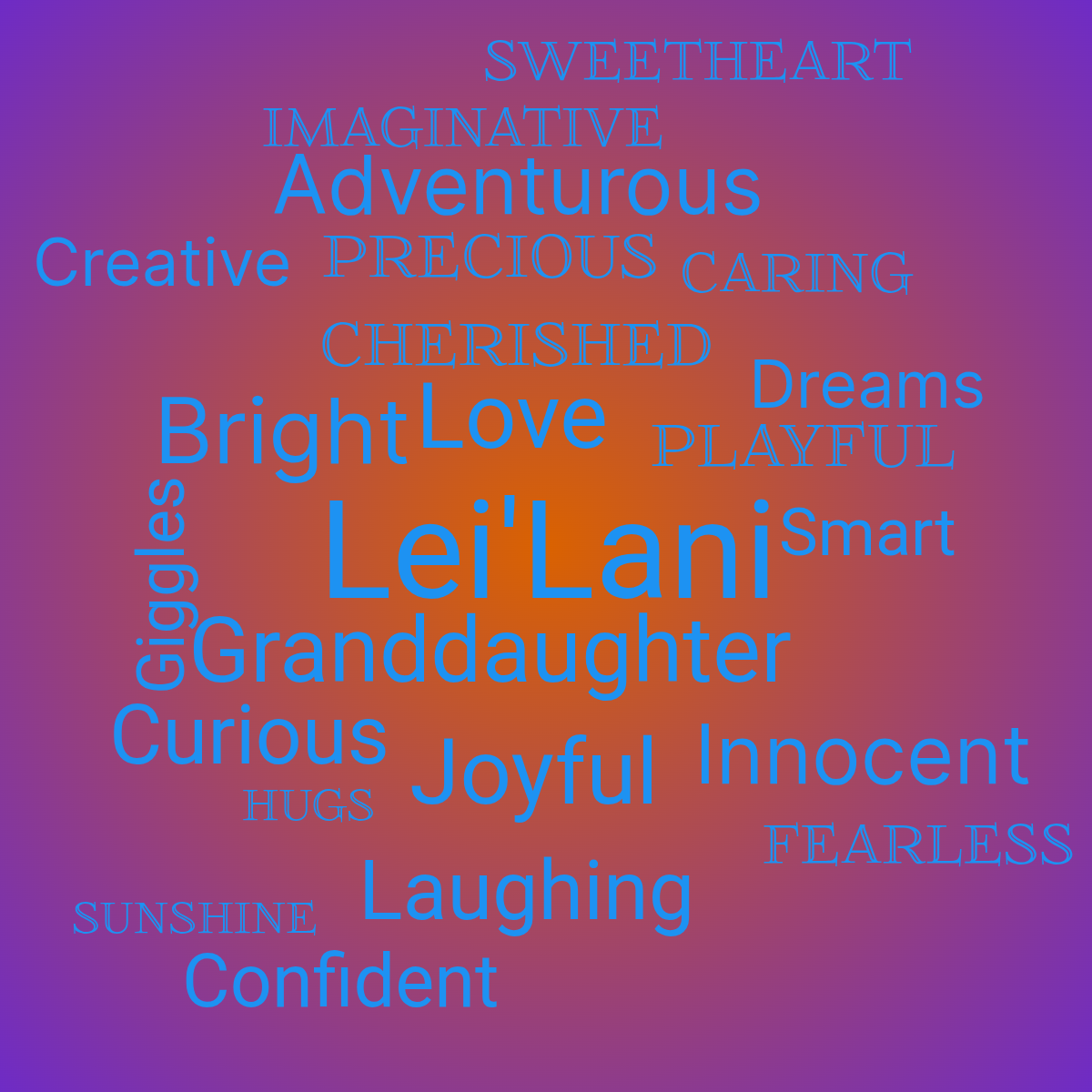 Word cloud with 23 words like Lei'Lani, Granddaughter and Love in blue, orange and purple.
