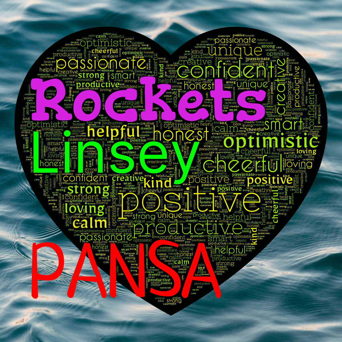 Word cloud in a Heart shape with 15 words like positive, optimistic and confident in yellow, green and black.