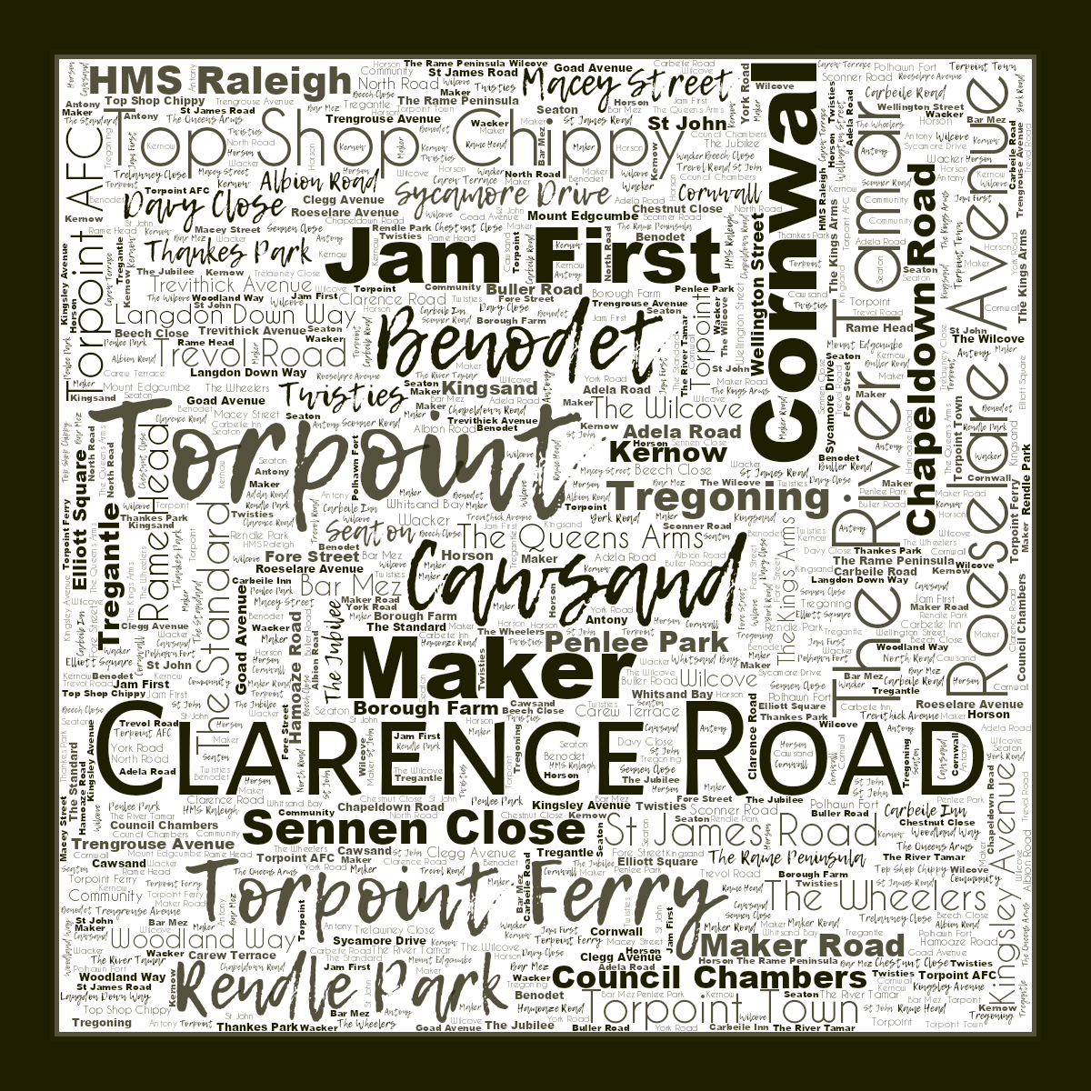 Word cloud in a Square shape with 74 words like Rame Head, Torpoint Ferry and Antony in black, yellow and white.