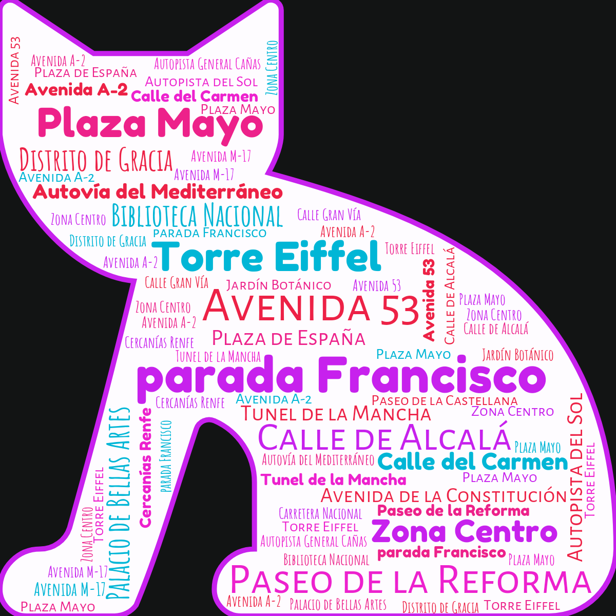 Word cloud in a Cat shape with 26 words like parada Francisco, Avenida 53 and Paseo de la Reforma in multicolor.