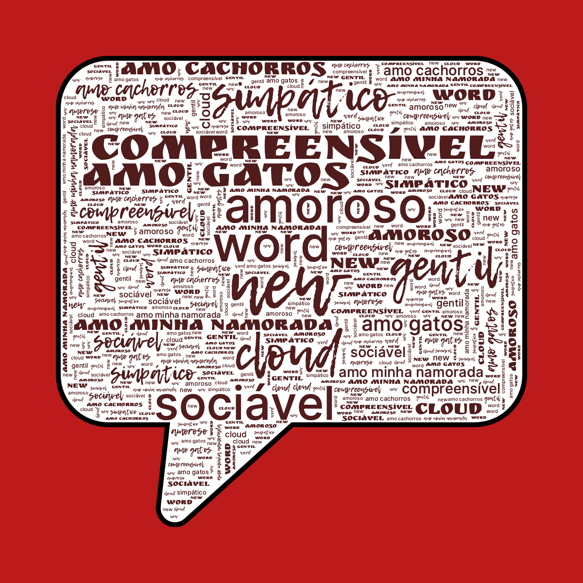 Word cloud in a Speech Bubble shape with 11 words like new, word and cloud in red, white and black.