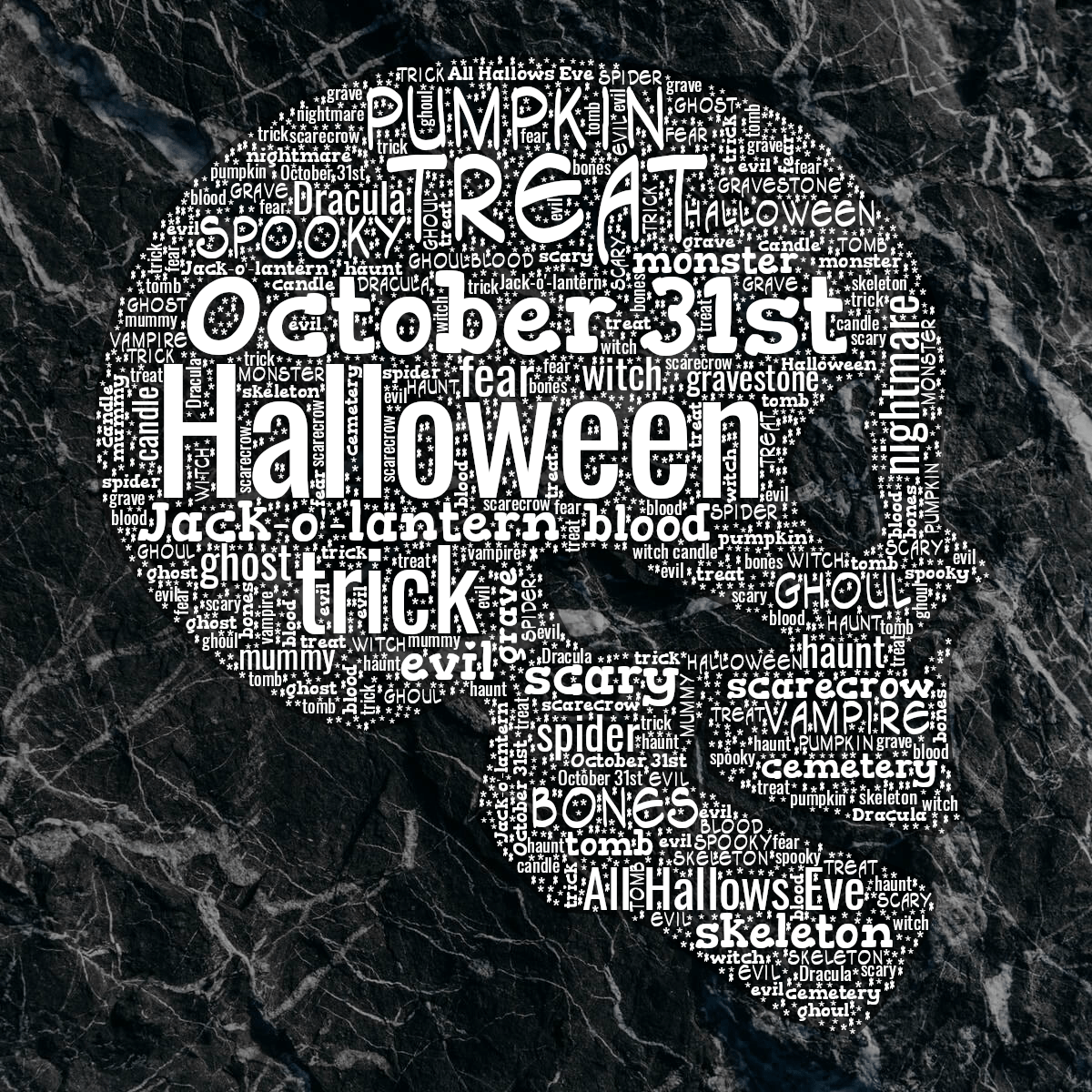 Word cloud in a Skull shape with 31 words like Halloween, October 31st and trick in white and black.