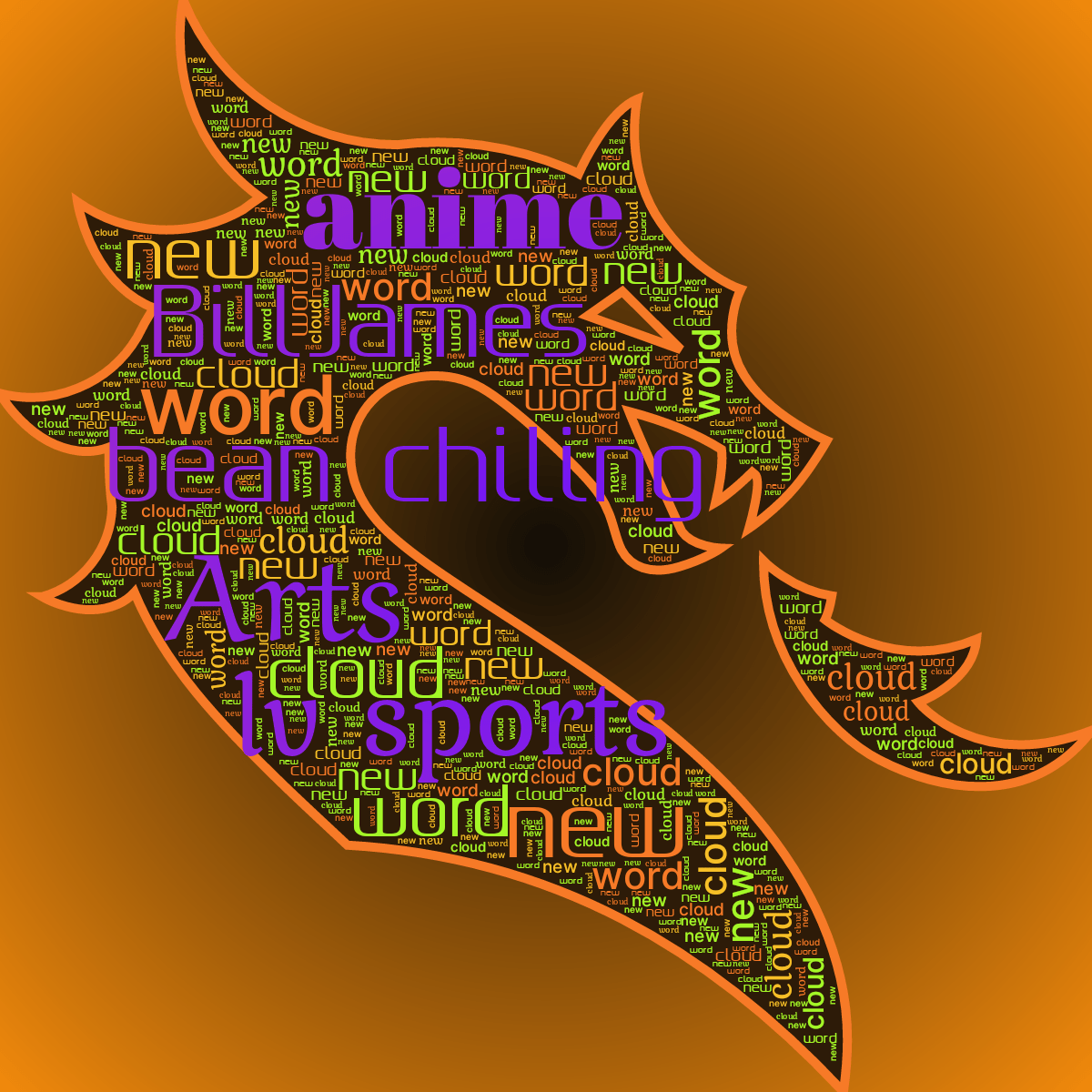 Word cloud in a Dragon Head shape with 3 repeated words like new, word and cloud in multicolor.