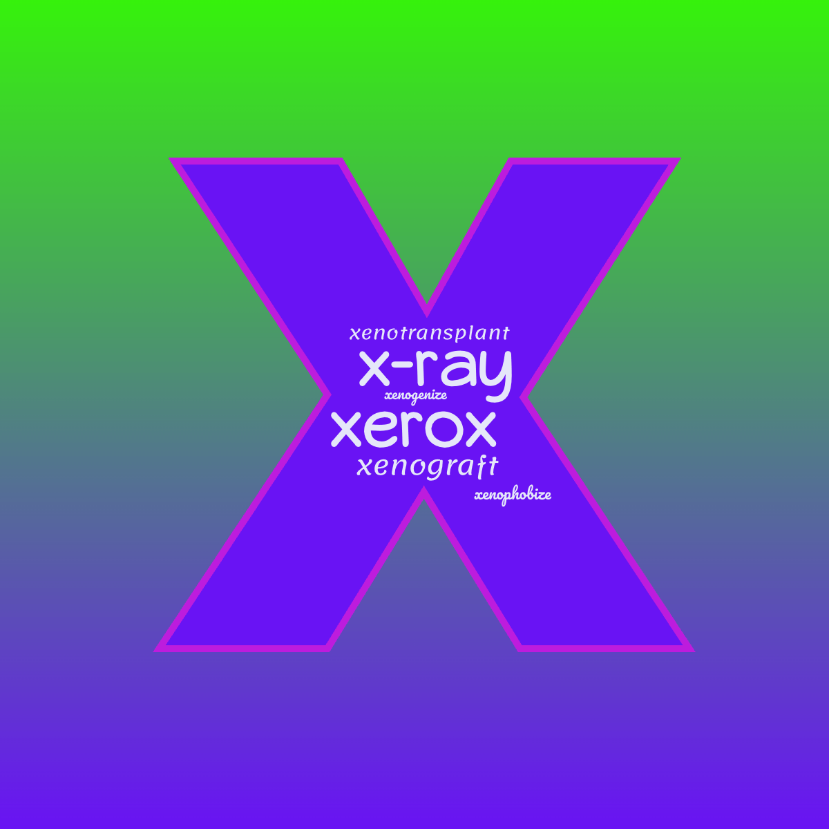 Word cloud in the shape of the letter X with 7 words like xerox, x-ray and xenograft in blue, purple and green.