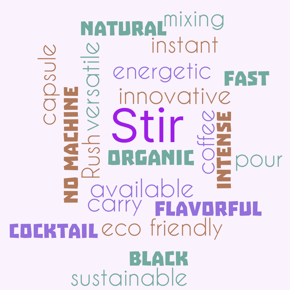 Word cloud with 21 words like Rush, coffee and capsule in orange, green and purple.