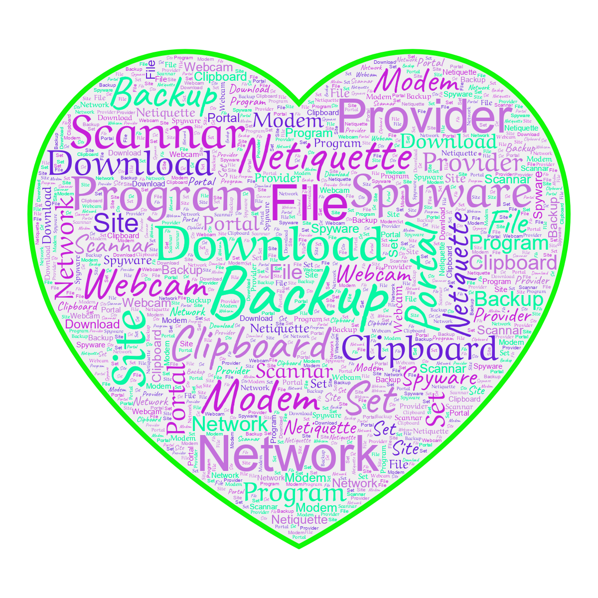 Word cloud in a Heart shape with 15 words like Backup, Clipboard and Download in green and purple.