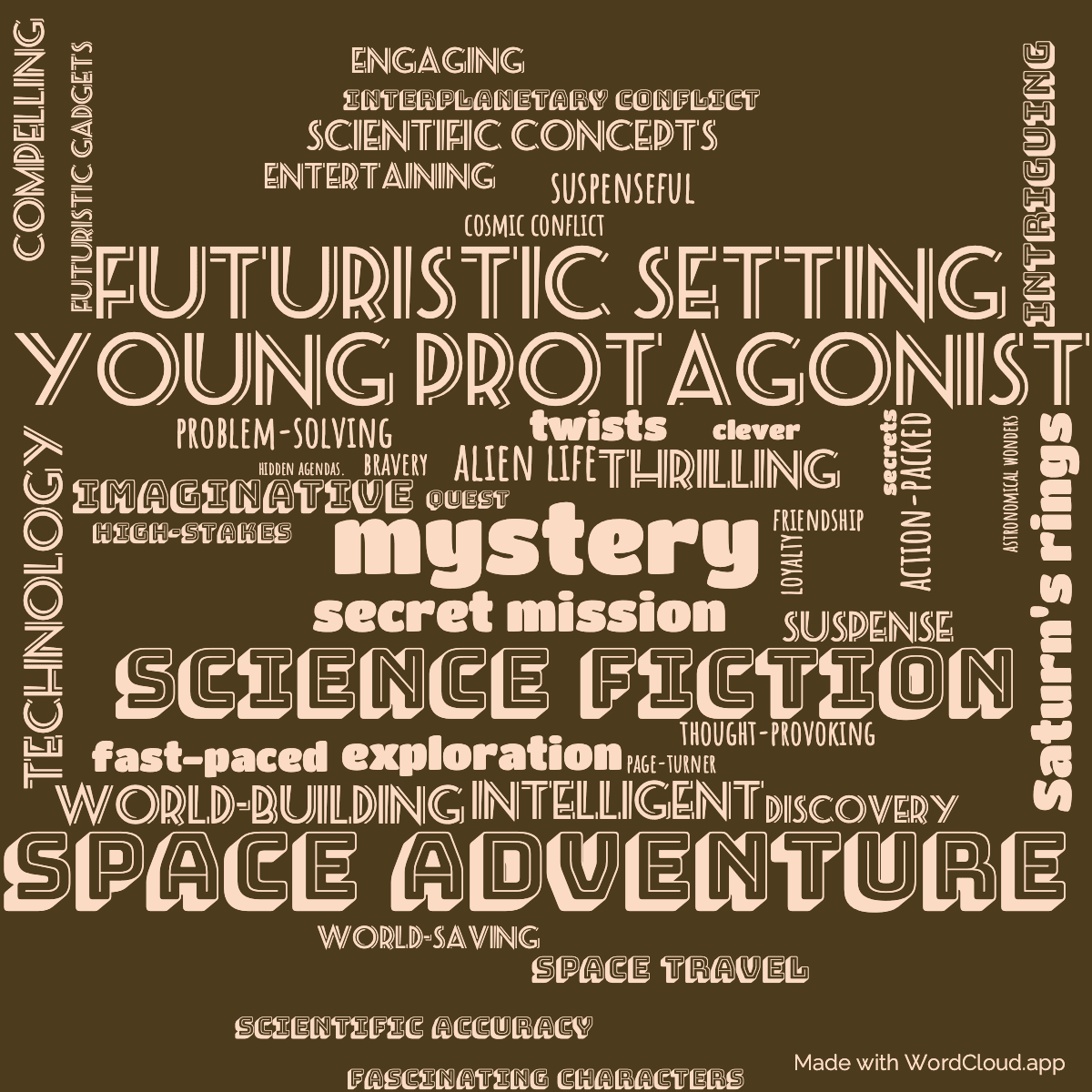 Word cloud of the book Lucky Starr and the Rings of Saturn with 44 words like Space adventure, mystery and young protagonist.