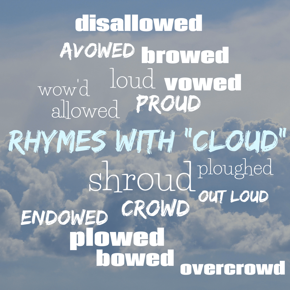 Word cloud with 16 words like shroud, proud and crowd in white.