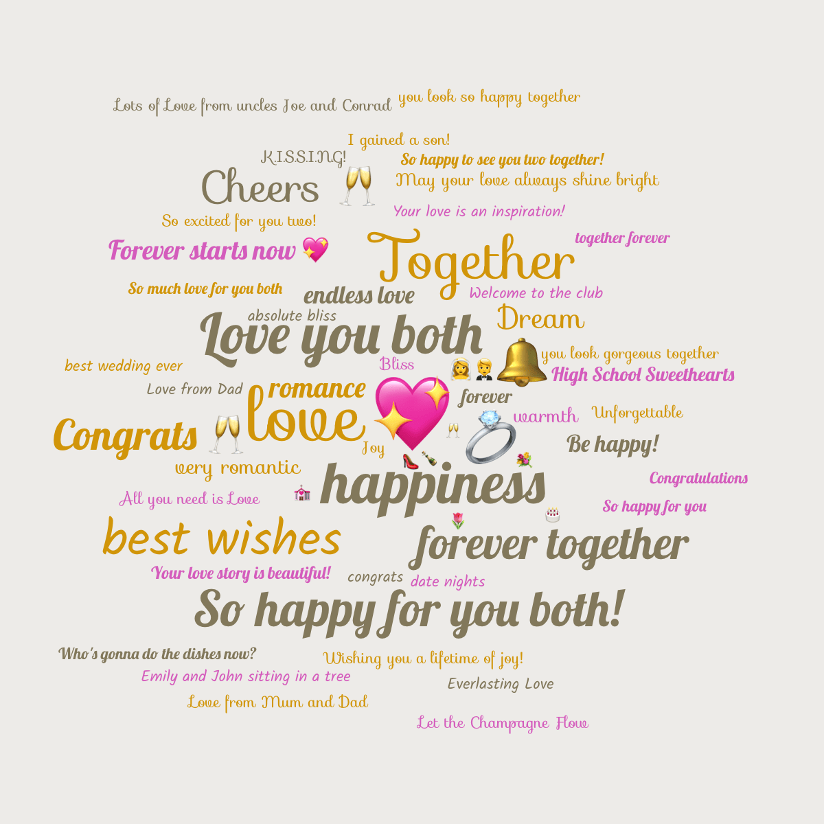 Collaborative word cloud with 59 words like 💖, love and happiness in orange, yellow and purple.
