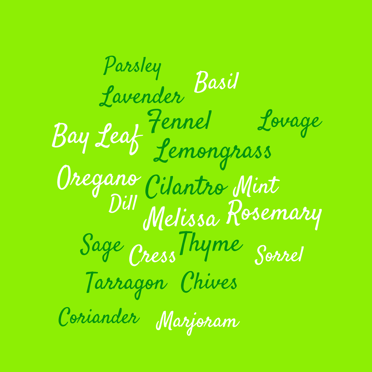 Word cloud with 21 words like Basil, Mint and Cilantro in green and white.