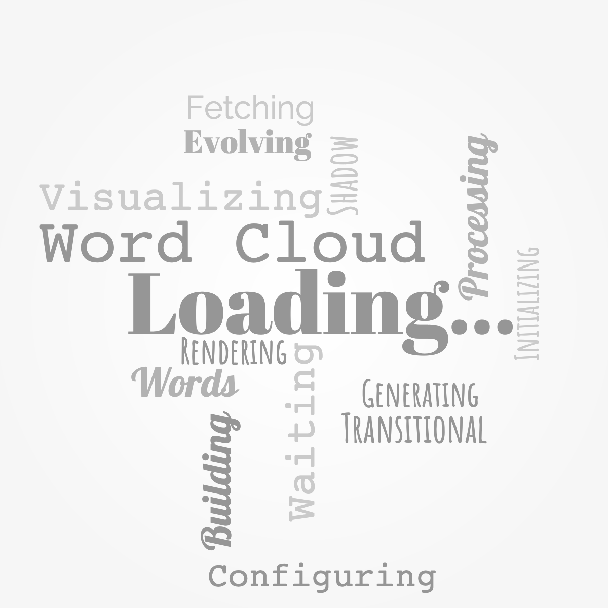 Word cloud with 14 words like Word Cloud, Waiting and Processing in gray and white.