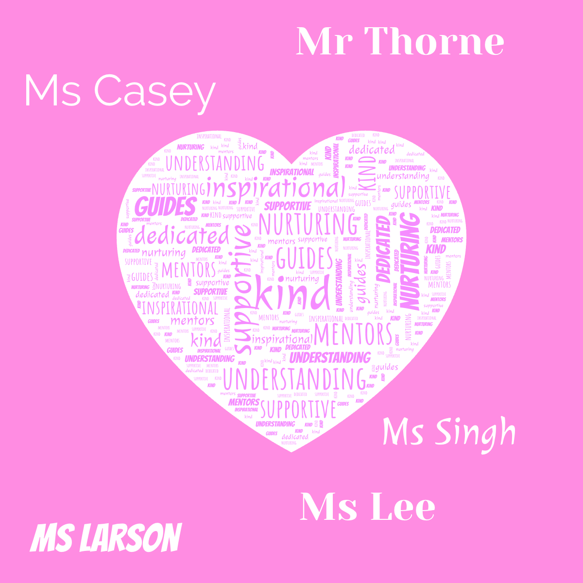 Word cloud in a Heart shape with 8 words like kind, supportive and nurturing in purple and white.
