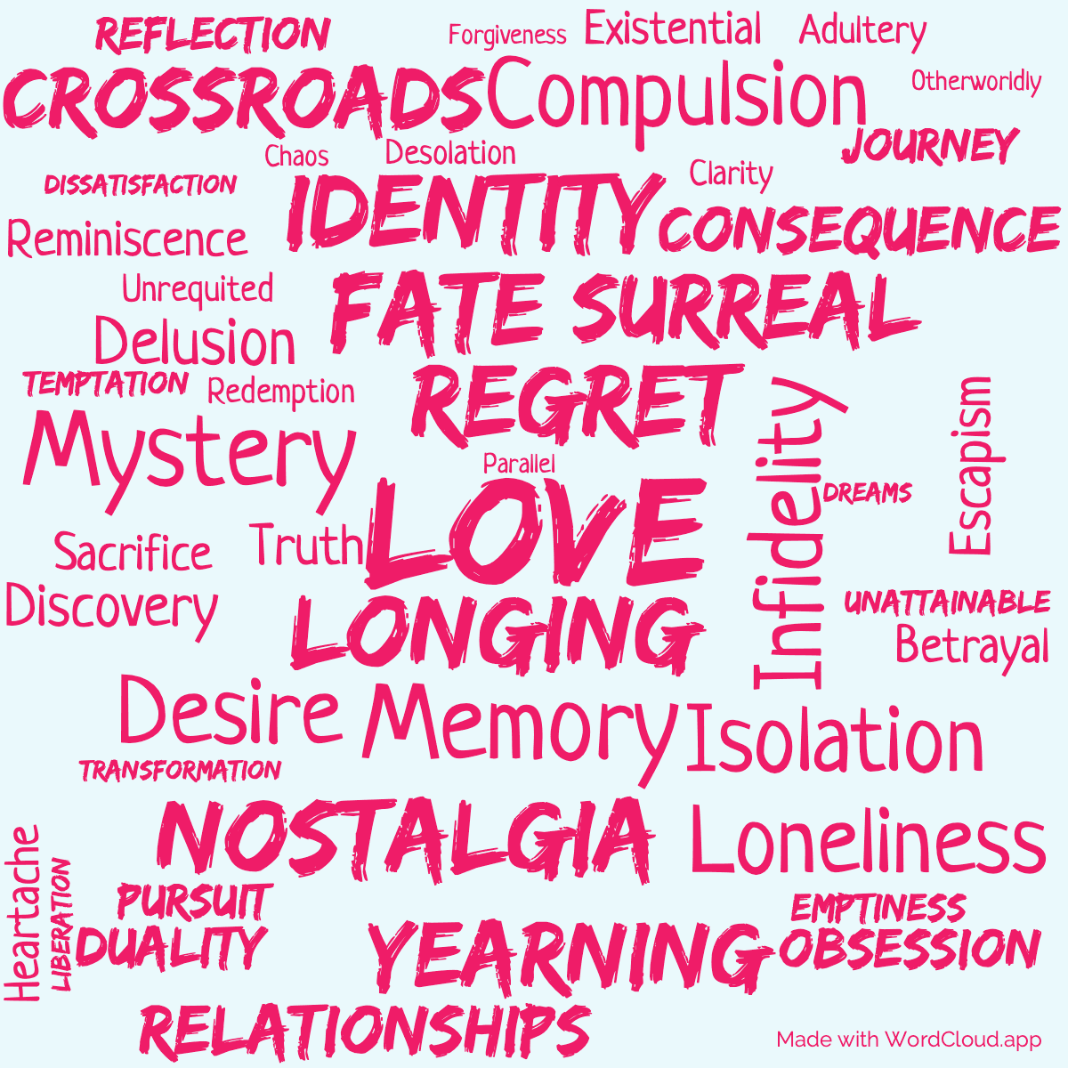 Word cloud of the book South of the Border, West of the Sun with 48 words like Love, Longing and Regret.